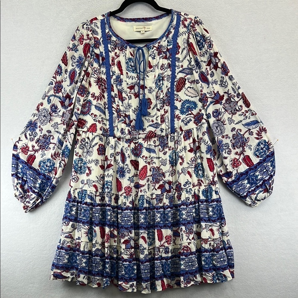 Penelope Rose Women’s Dress Sz M Cream/Blue/Red Rayon Tiered Skirt Boho EUC